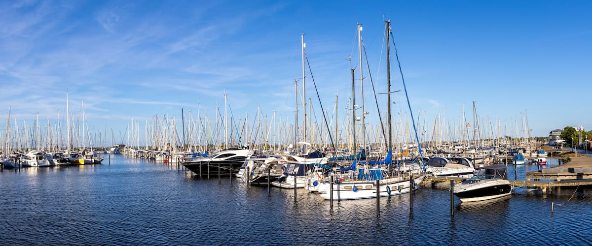 A marina filled with numerous sailboats docked in calm waters under a clear sky.