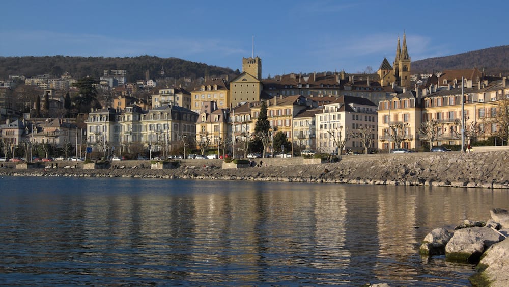 View on Neuchatel quay from lake, Switzerland
