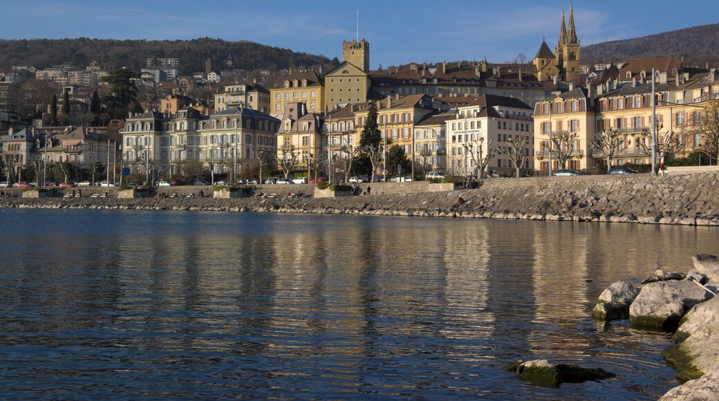 View on Neuchatel quay from lake, Switzerland