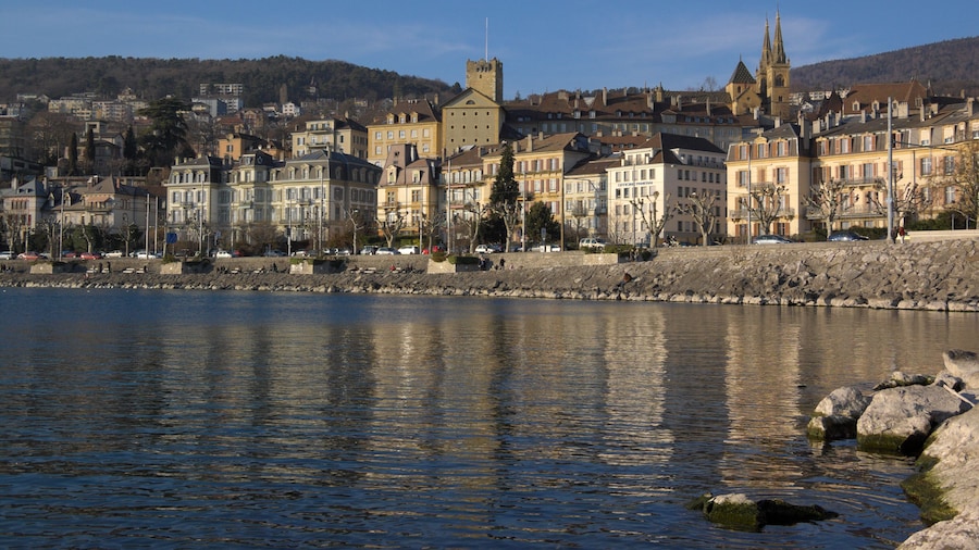 View on Neuchatel quay from lake, Switzerland
