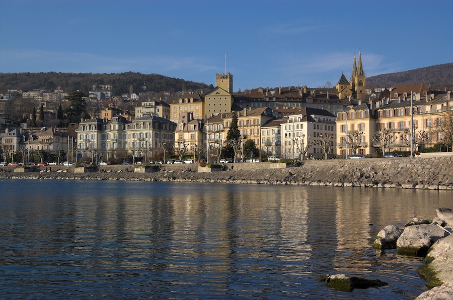 View on Neuchatel quay from lake, Switzerland
