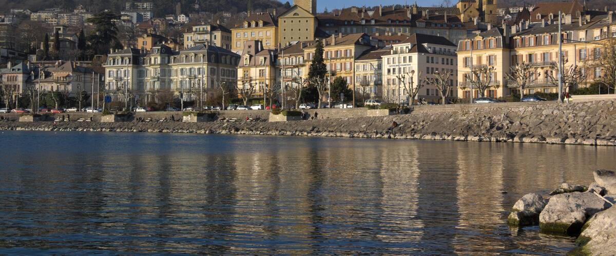 View on Neuchatel quay from lake, Switzerland