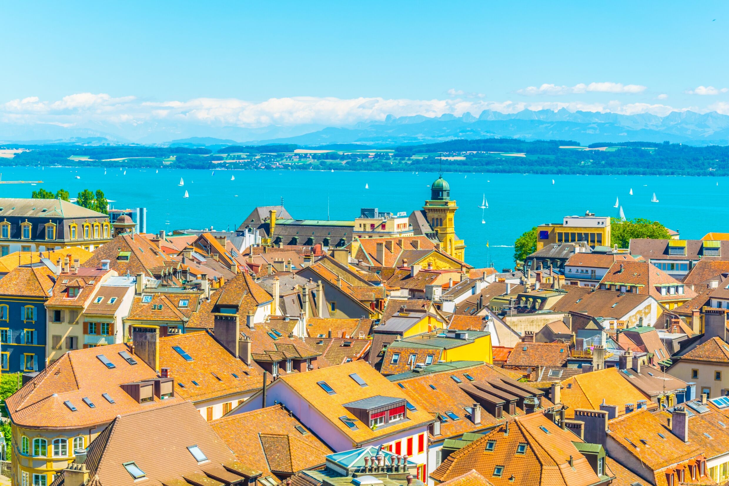 Aerial view of Neuchatel town and Neuchatel lake, Switzerland, Shutterstock ID 1241950837, Purchase Order: -