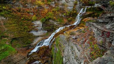 Lucifer Falls - Long Exposure Waterfall in Waterfall in Peak Autumn / Fall Season - Treman State Park, Ithaca, New York
