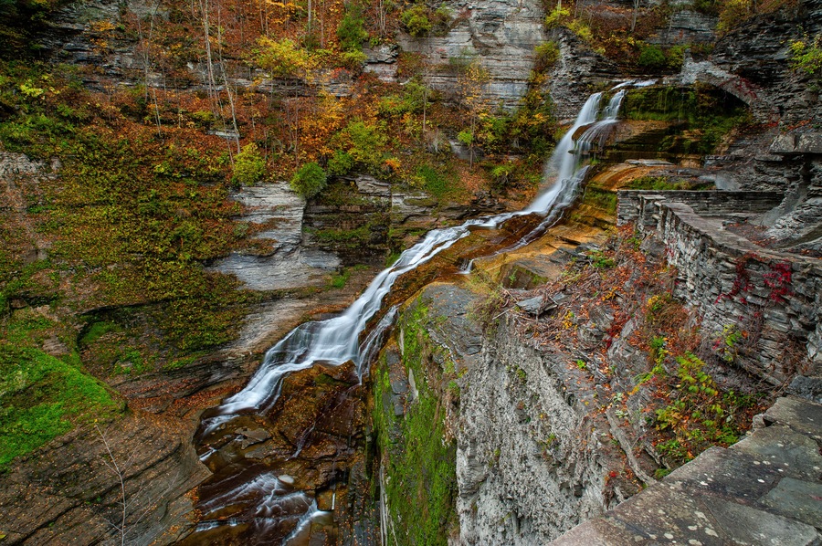 Lucifer Falls - Long Exposure Waterfall in Waterfall in Peak Autumn / Fall Season - Treman State Park, Ithaca, New York