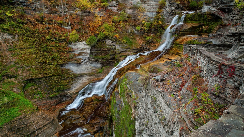 A waterfall cascading down a rocky cliff surrounded by autumn foliage.