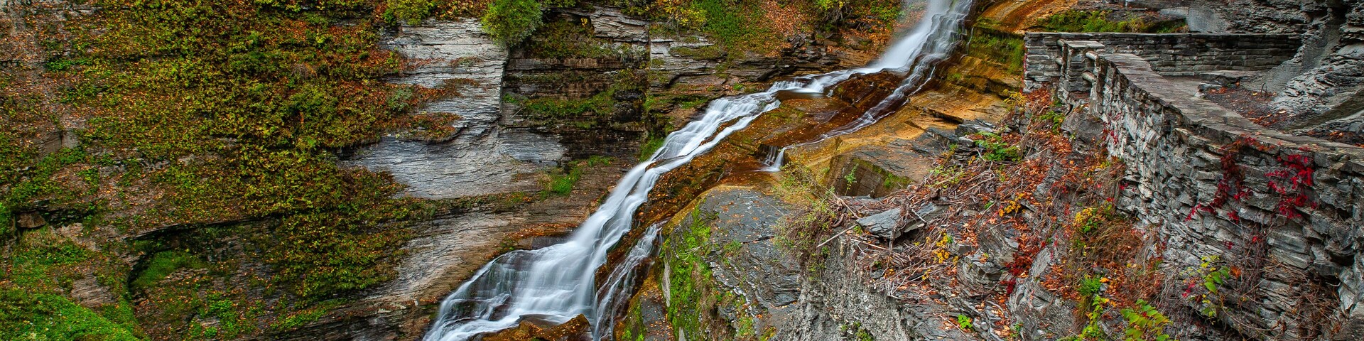 Lucifer Falls - Long Exposure Waterfall in Waterfall in Peak Autumn / Fall Season - Treman State Park, Ithaca, New York