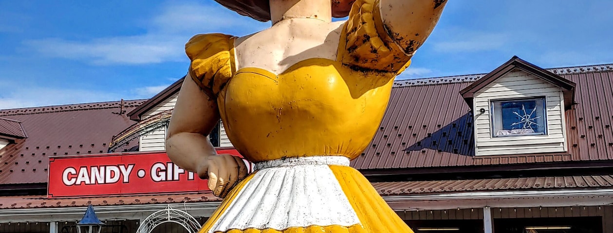 Dolly Dimples beckons you to stop at Valvo's Candies to sample their famous Sponge Candy (a chocolate covered confection with a honey comb core).
This place is another example of the fading American #culture of the roadside attraction.
Roadside attractions had their heyday with the rise of the automobile. As Americans increasingly traveled by car, many businesses had one shot to attract the attention of potential customers zipping by at higher and higher speeds.
Thus, the creation of larger than life, brightly colored, oddball sculptures along America's burgeoning highways and byways.