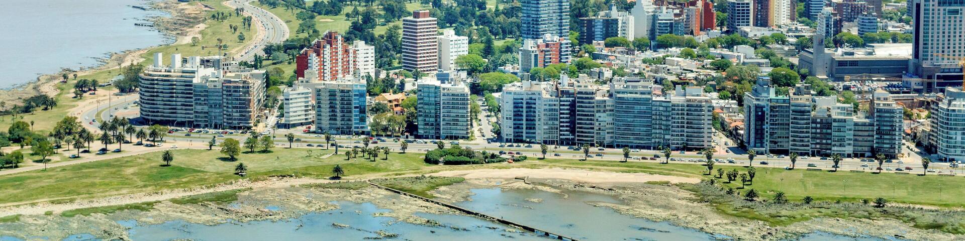 Aerial view of Pocitos and Punta Carretas neighborhoods, Montevideo, Uruguay. Image taken outdoors, daylight.