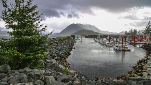 Kelsey Bay - north shore of Vancouver Island, BC. The view on the harbour, boats, rocks, pine tree, pier and mountains in the background. Stormy dark sky.