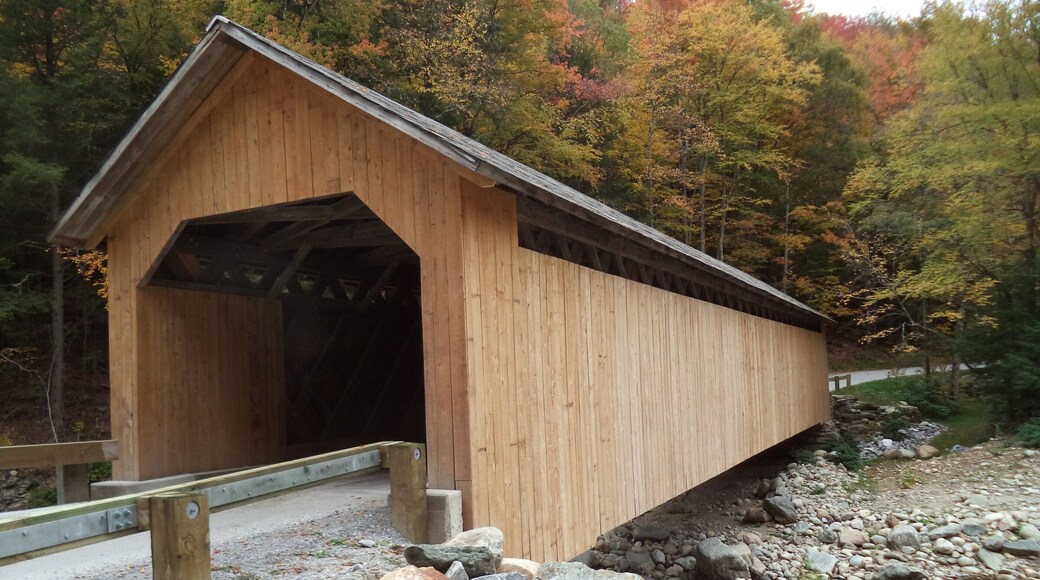 The newly reconstructed Brown Covered Bridge in autumn. The old bridge was severely damaged by Hurricane Irene in 2011.