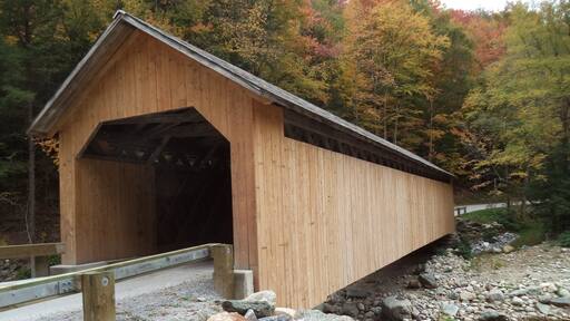 The newly reconstructed Brown Covered Bridge in autumn. The old bridge was severely damaged by Hurricane Irene in 2011.