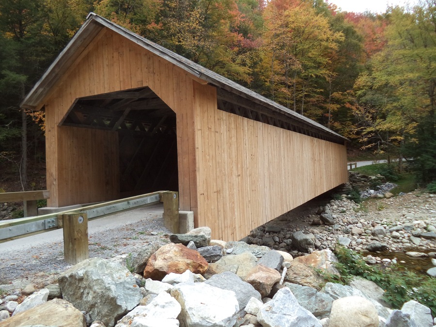 The newly reconstructed Brown Covered Bridge in autumn. The old bridge was severely damaged by Hurricane Irene in 2011.