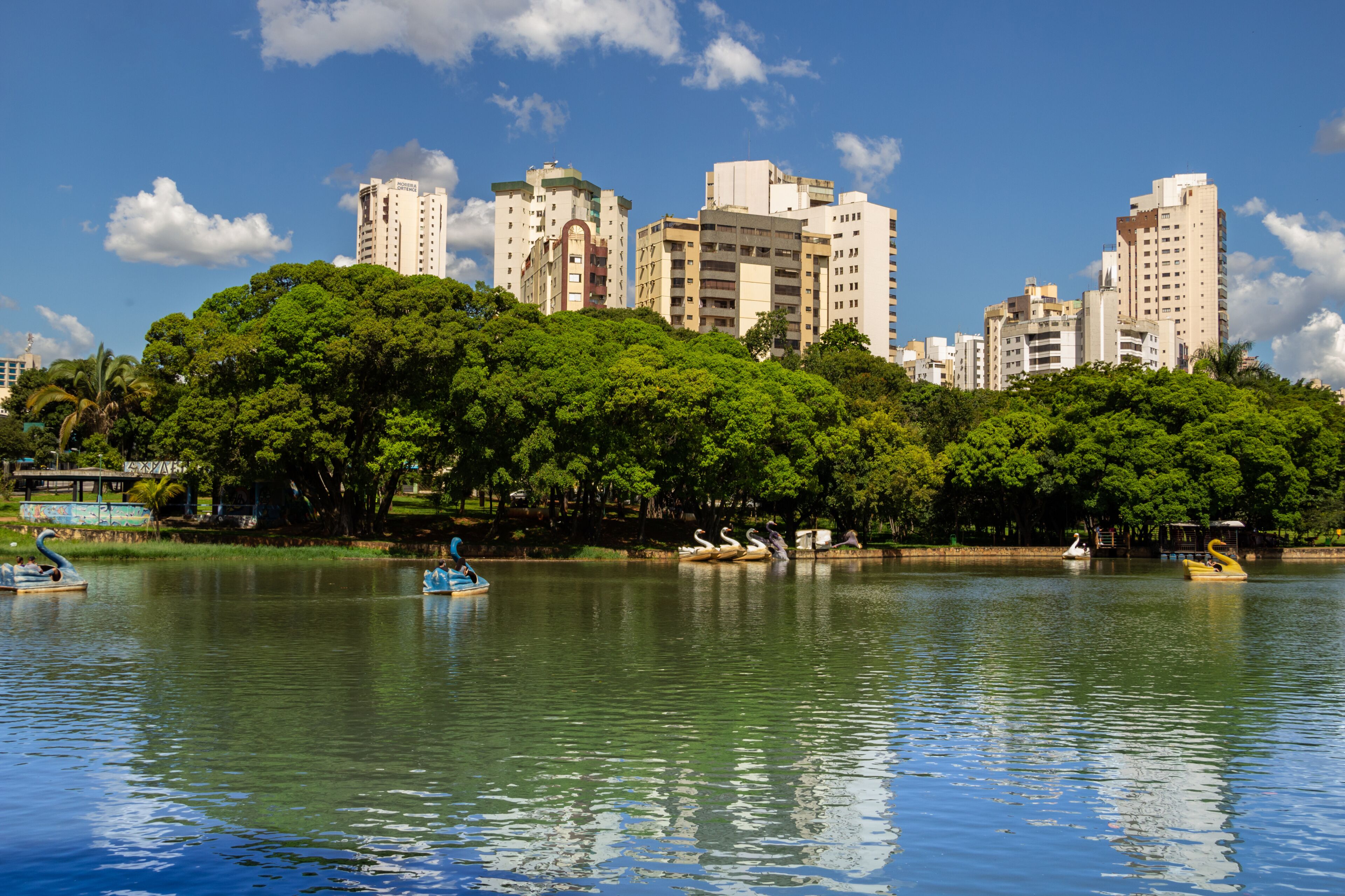 Un paisaje urbano con edificios altos y un parque con un lago.