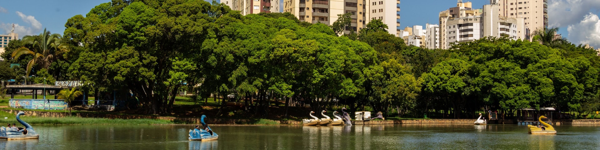 Un paisaje urbano con edificios altos y un parque con un lago.