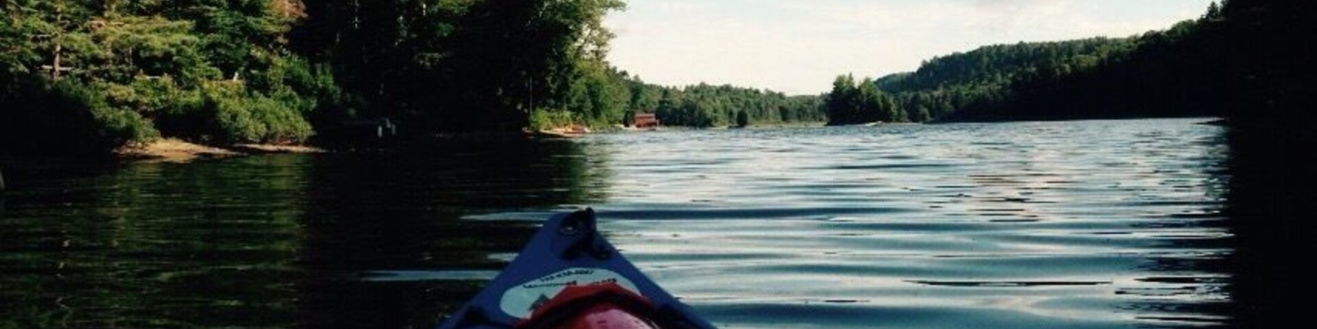 Una canoa en un río tranquilo rodeado de bosque denso.