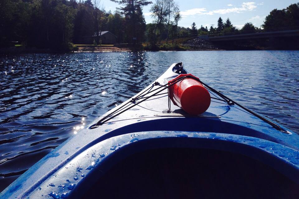 Un kayak con una boya roja en un lago tranquilo rodeado de árboles y un puente.