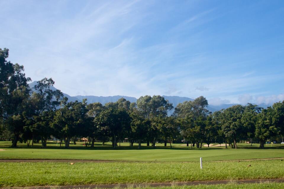 Un campo da golf con cielo sereno, erba verde e alberi.