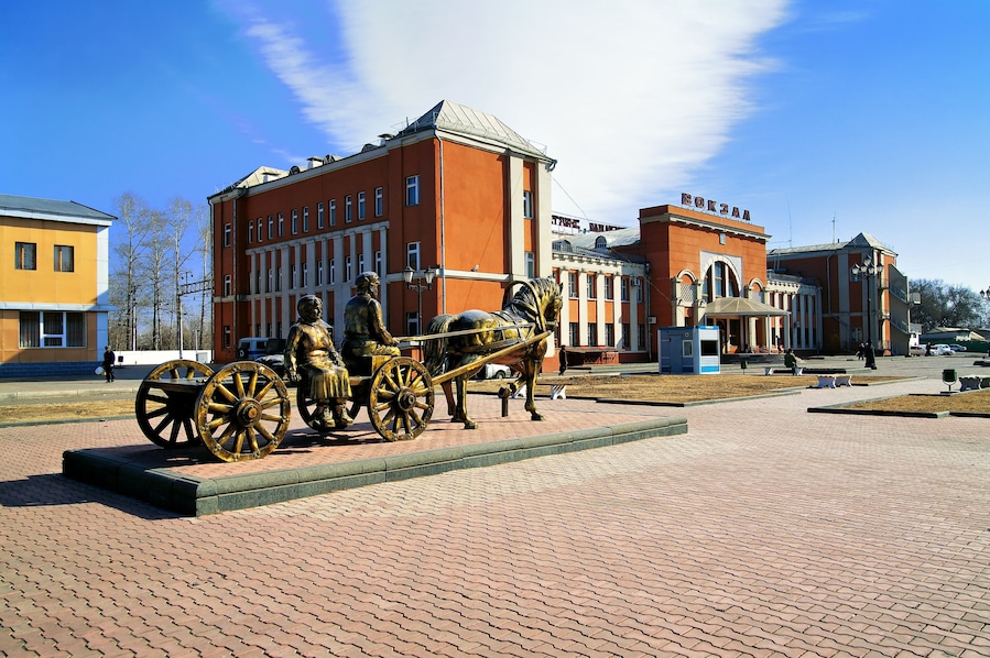 Monument to the first settlers at the Railway station of Birobidzhan, Jewish Autonomous Region, Russia