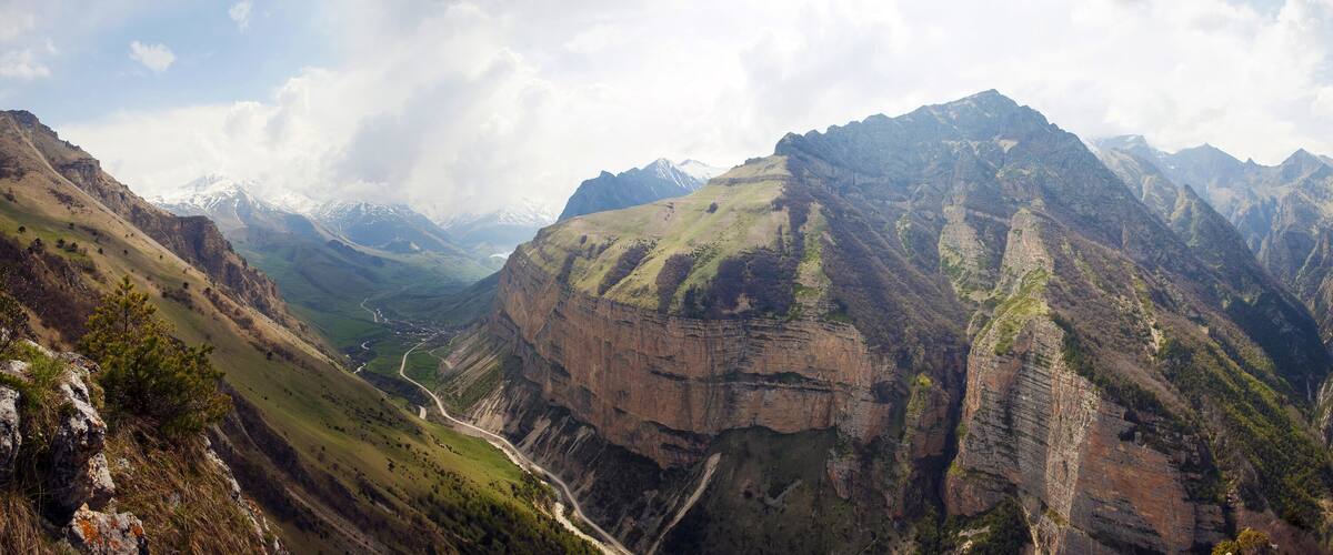 Chegem, Paragram, Kabardino-Balkar Republic. Chegem gorge. Panorama of mountains and gorges on a clear Sunny day.