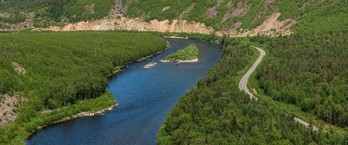 Valley Of The Mountain River Anyuy. Khabarovsk territory in the far East of Russia. The view of Anyui river is beautiful. Anyu national Park. Landscape mountain river in the Russian taiga.