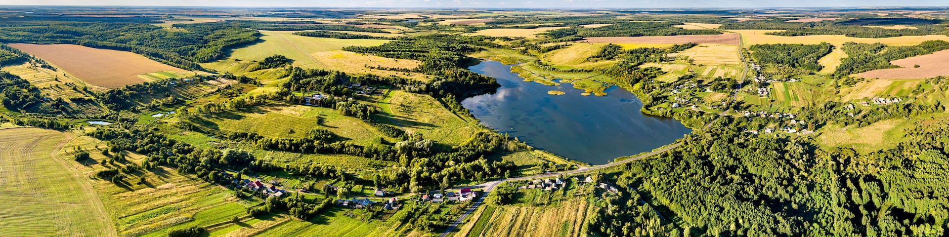 Aerial landscape of the Central Russian Upland. Nizhnyaya Vablya village, Kursk region