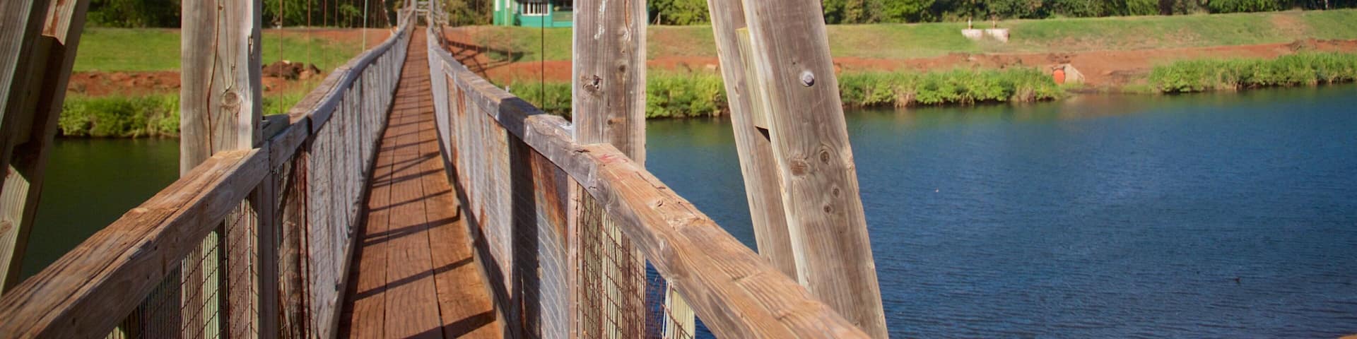 Swinging Bridge featuring a lake or waterhole and a suspension bridge or treetop walkway
