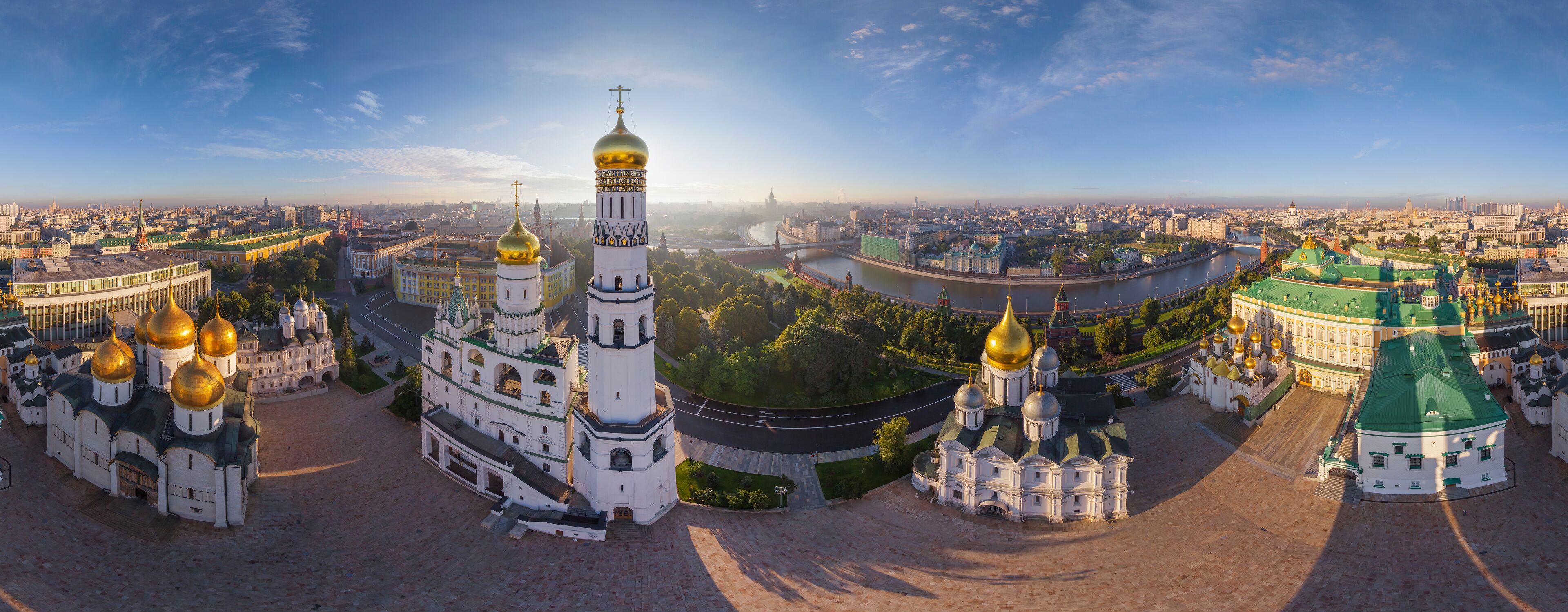 Aerial panoramic view of Orthodox churches inside the Moscow Kremlin, Moscow downtown, Moscow Oblast, Russia.