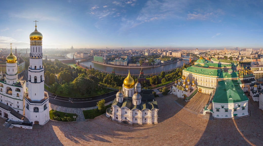 Aerial panoramic view of Orthodox churches inside the Moscow Kremlin, Moscow downtown, Moscow Oblast, Russia.