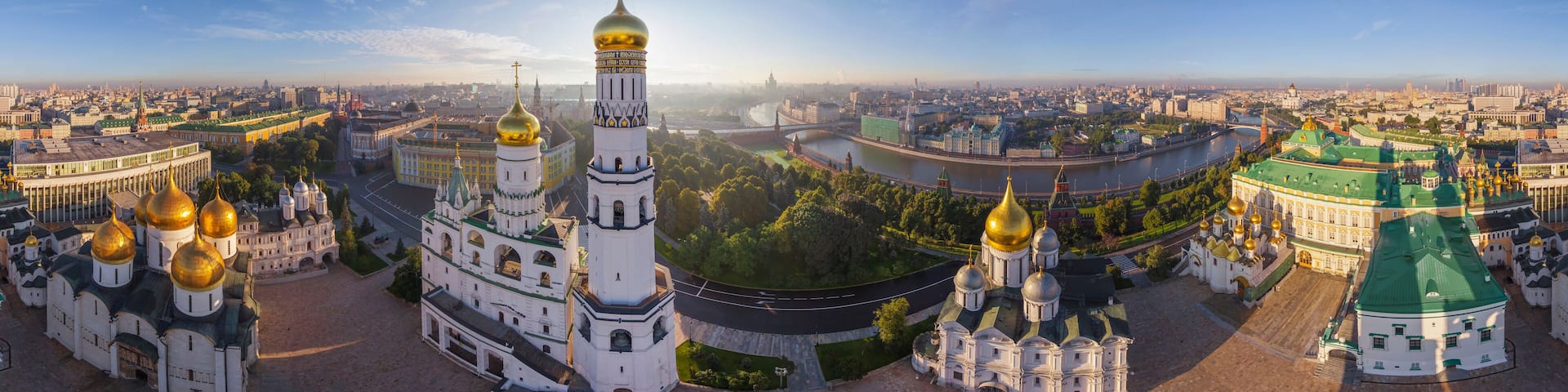 Aerial panoramic view of Orthodox churches inside the Moscow Kremlin, Moscow downtown, Moscow Oblast, Russia.