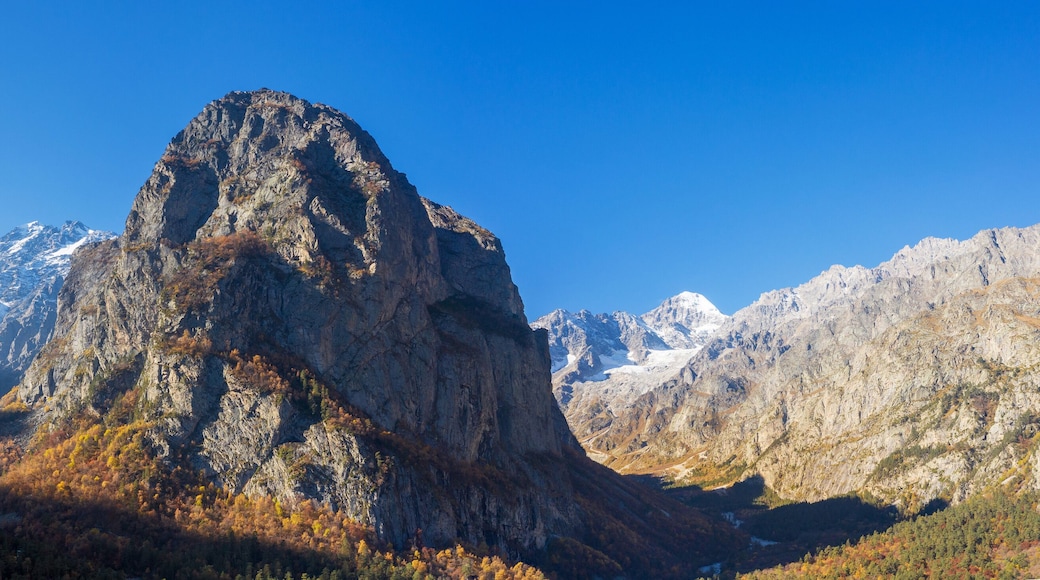 Caucasian mountain landscape. Tsey gorge. The mountain Monk (Monakh) and the river Tseydon. Republic of North Ossetia-Alania, Russia