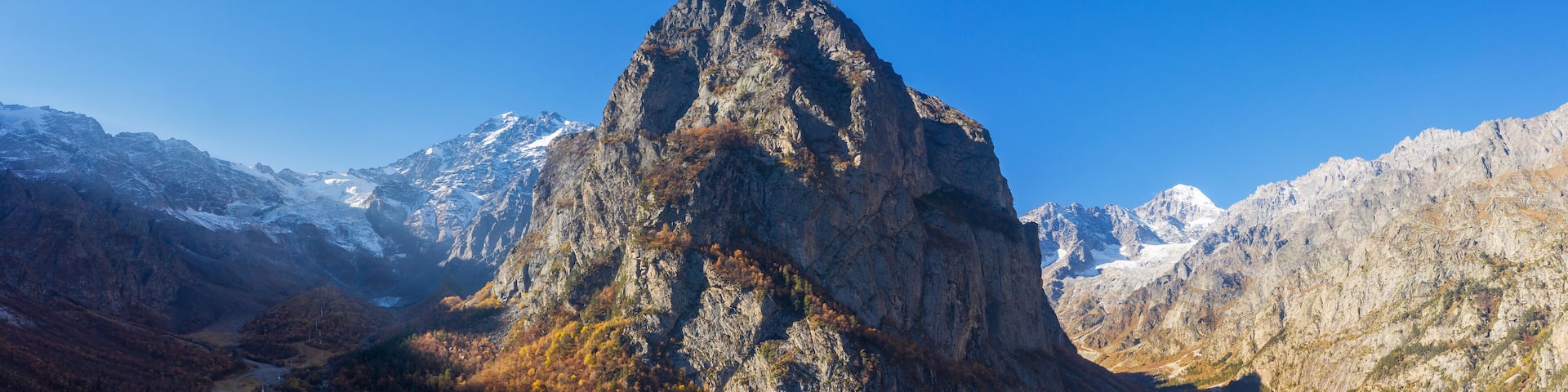 Caucasian mountain landscape. Tsey gorge. The mountain Monk (Monakh) and the river Tseydon. Republic of North Ossetia-Alania, Russia