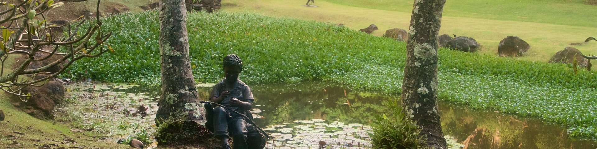 Jardim Botânico de Na Aina Kai que inclui um jardim, arte ao ar livre e um lago