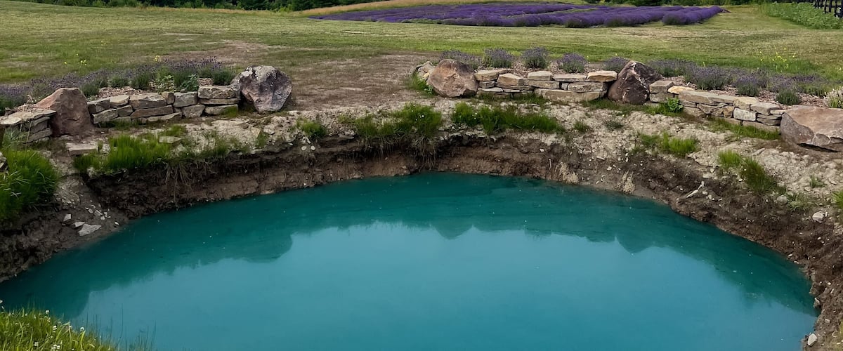 A turquoise pond surrounded by stone walls, with a grassy field and lavender fields in the background.