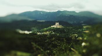 A castle on a hill surrounded by dense forest and mountains.