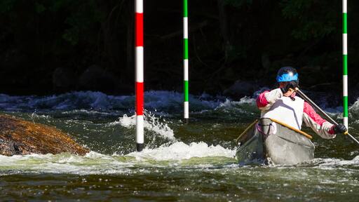 Unidentified paddler steering his canoe through the slalom gates and rapids on Gull River in Minden
