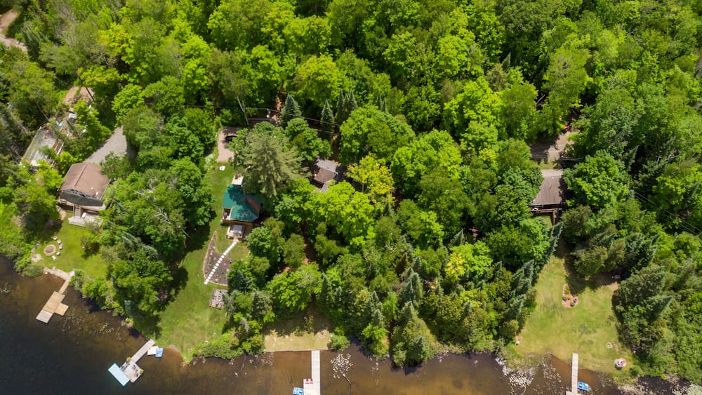 An aerial view looking down on several cottages and their swim docks.