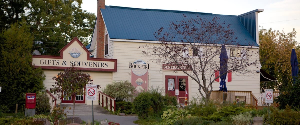 A building with signs for 'Gifts & Souvenirs' and 'Rockport General Store'.