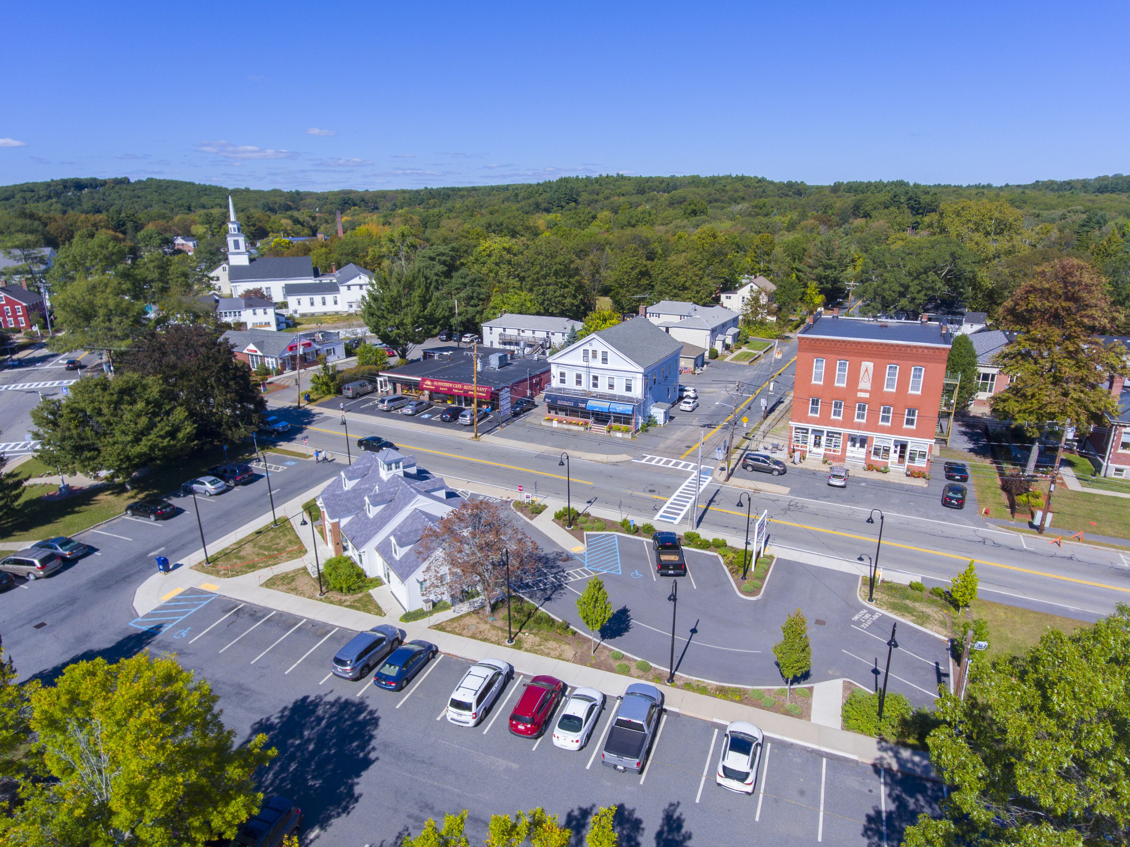 Ashland town center aerial view including Federated Church and Town Hall in Ashland, Massachusetts MA, USA.