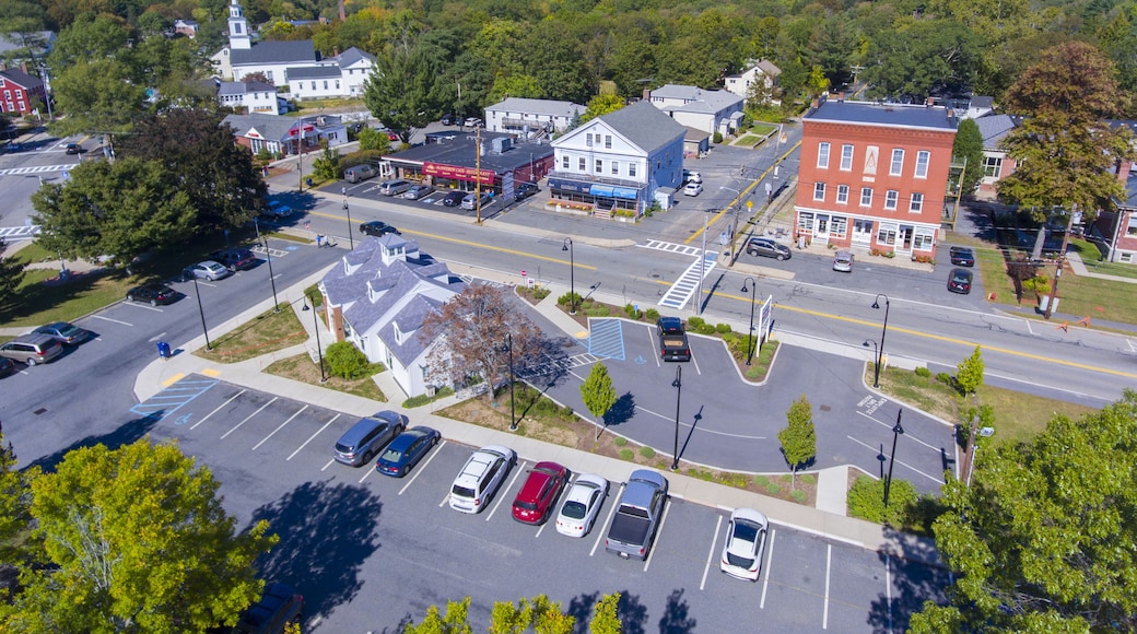 Ashland town center aerial view including Federated Church and Town Hall in Ashland, Massachusetts MA, USA.