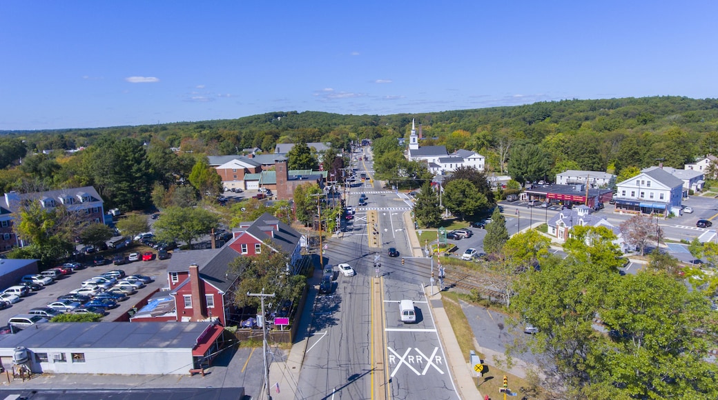 Ashland town center aerial view including Federated Church and Town Hall in Ashland, Massachusetts MA, USA.