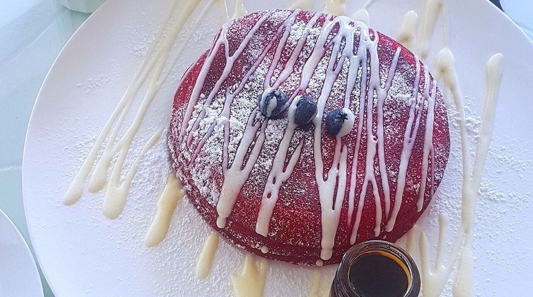 My first red velvet pancakes with cream cheese topping and I love it. #goodeats #pancakes