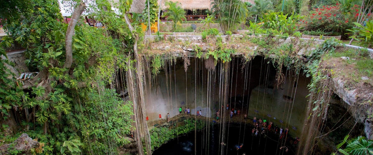 Cenote Ik kil which includes a lake or waterhole and swimming as well as a small group of people