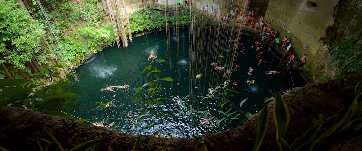 Cenote Ik kil showing swimming and a lake or waterhole as well as a small group of people
