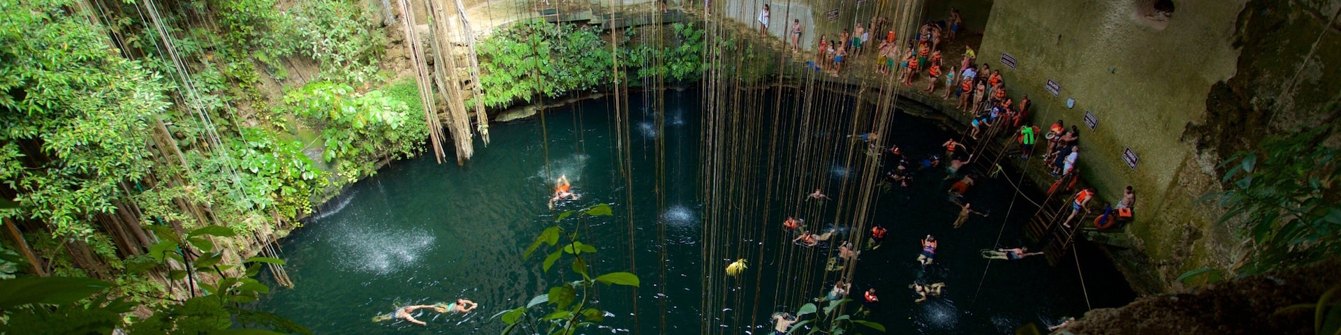 Cenote Ik kil showing swimming and a lake or waterhole as well as a small group of people