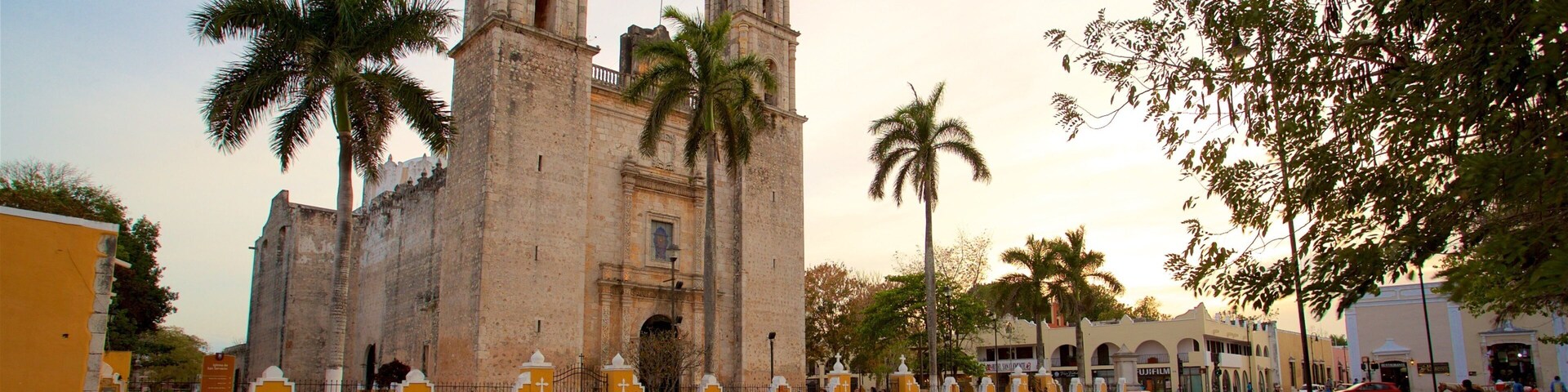A historic church with two towers, palm trees, and a paved street with cars and pedestrians.