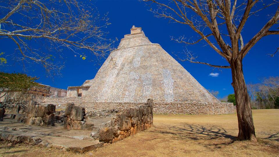 A large stone pyramid with a flat top, surrounded by a stone wall and a tree.