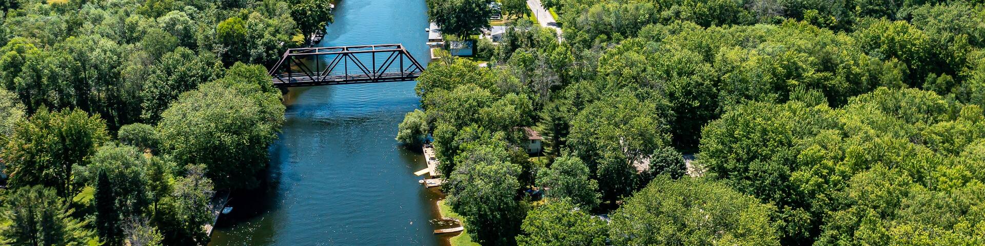 Aerial view of the bridge over the Severn River on a beautiful summer day.