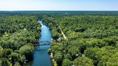 Aerial view of the bridge over the Severn River on a beautiful summer day.