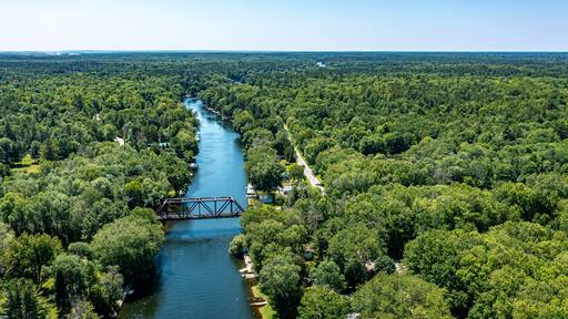 Aerial view of the bridge over the Severn River on a beautiful summer day.